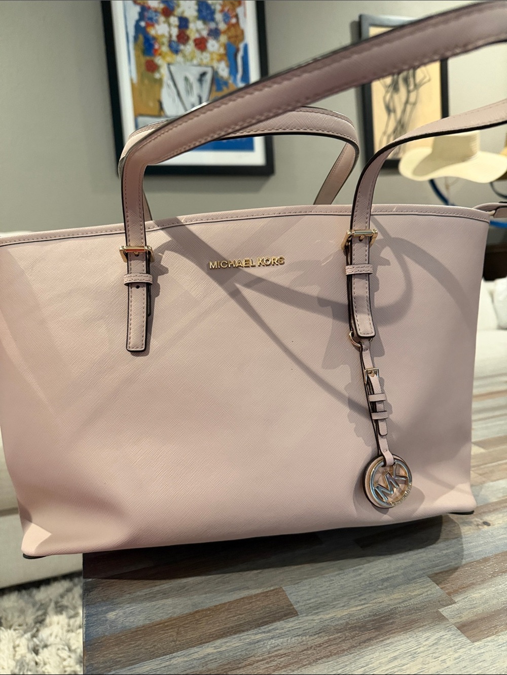Michael Kors Pale Pink Saffiano Tote with Gold Logo Charm
